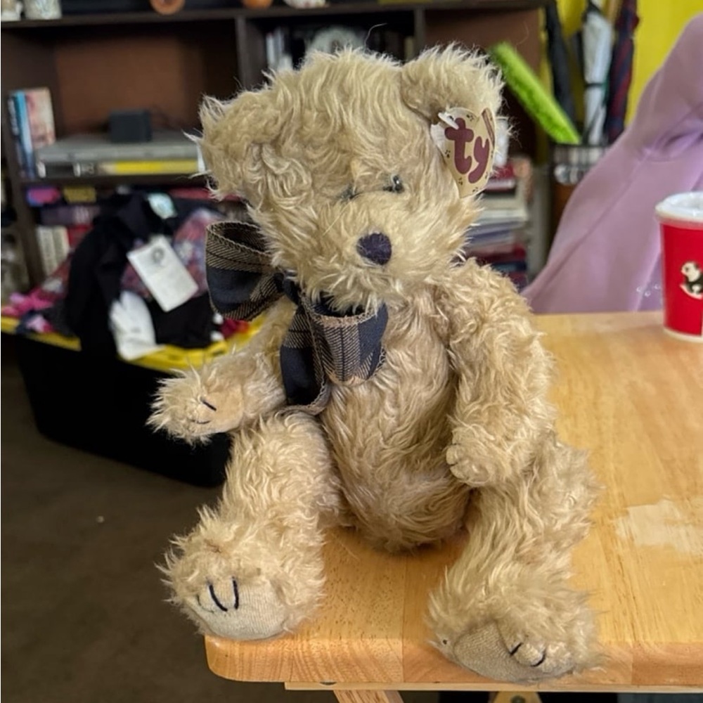 Ty Classic Beige Teddy Bear with Plaid Bow
